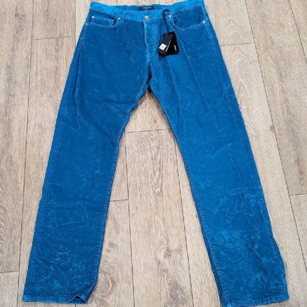 Mens VERSACE "Mitchell" Crushed Velvet 5 Pocket Pants Dark Teal 36
